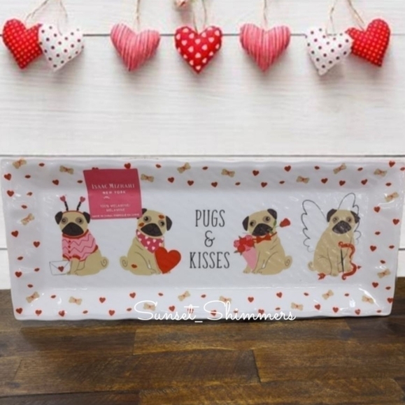 Isaac MIZRAHI Dog PUGS & KISSES 19" MELAMINE SERVING TRAY & PLATE SET New - Picture 2 of 12